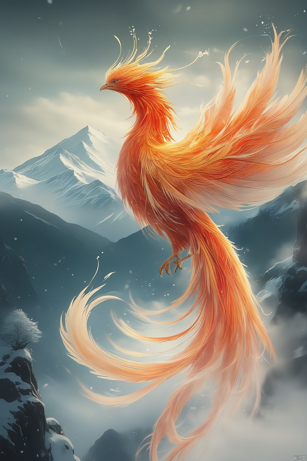  A phoenix formed by ice water, with slender tail feathers fluttering in the wind. Mist covers part of the phoenix's body, and the background is a snowy mountain