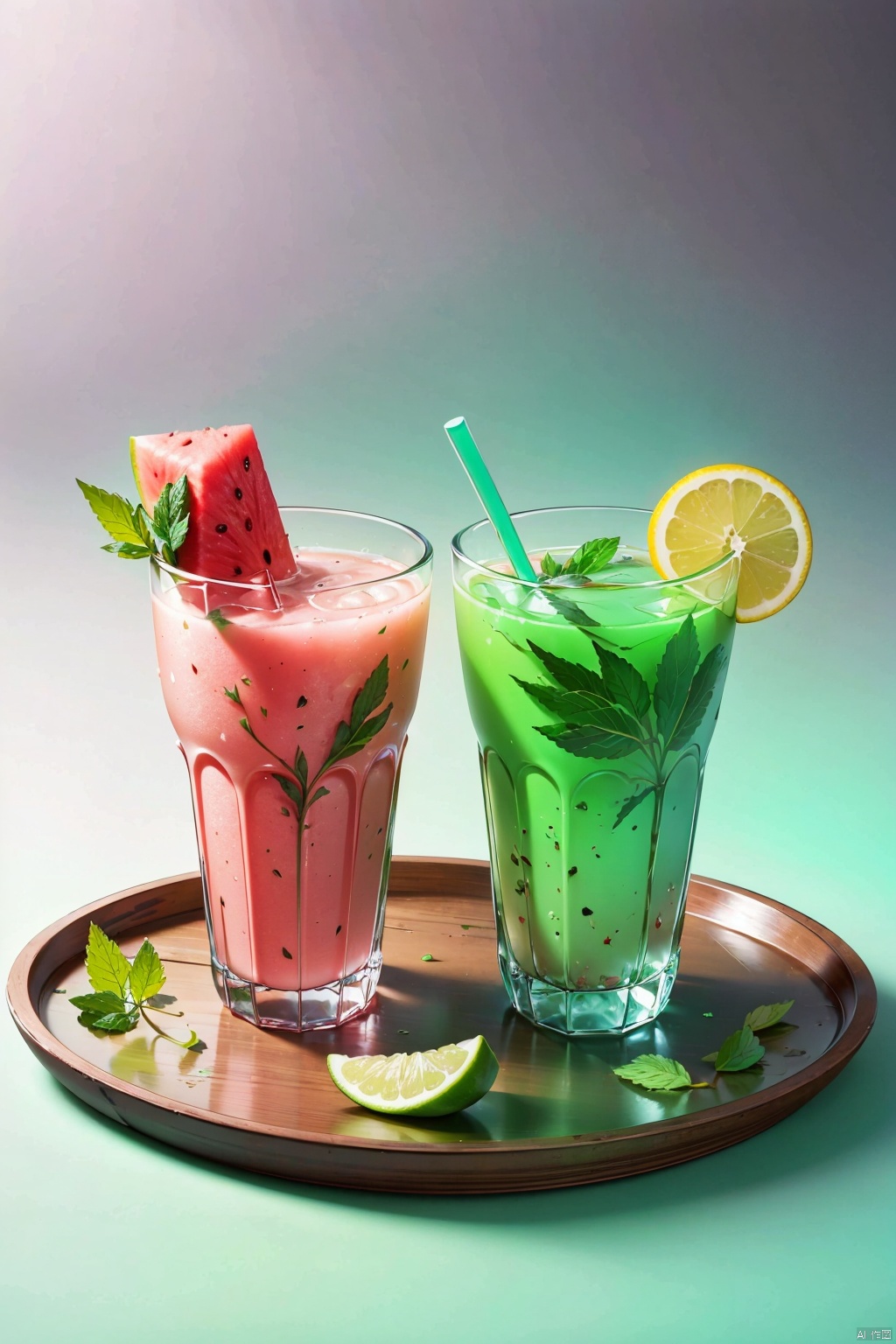 A glass of watermelon juice,pink,frozen effect,on a wooden tray,next to two lemons and mint leaves,green and red straws,super realistic food image,full theme shown in photo,Randy Post,hyper realistic & quot,hyper realistic & quot,high res photo