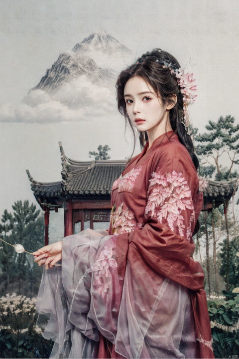  best quality,masterpiece,realistic,hair ornament,1girl,solo,black hair,long hair,mountain,cloud,(flower:1.2),upper body,wind,hanfu , hair ornament , chinese clothes,leaf,lying,(on side:1.5),ink wash painting,ink,head hold, east_asian_architecture,bridge,stone,water