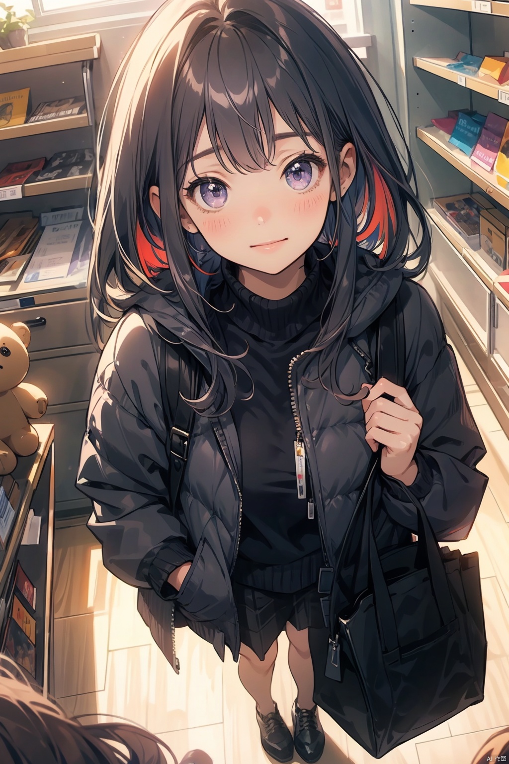  masterpiece,best quality,(colorful:1.4),from above,solo,1girl standing in a store with lots of stuffed animals on the shelves and a bag of stuff,black and blue hair color,purple eyes,smiling,depth of field,fisheye lens