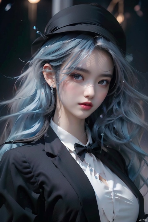 light_blue_hair, light_blue_eyes, light_blue_halo, beautiful_hair, beautiful_eyes, 1_beautiful_girl, cute_face, beautiful_face, beautiful, best_quality, good_anatomy, black_top_hat, black_tuxedo, bow_tie, black_slacks, white_shirts_oficial, hold_cane