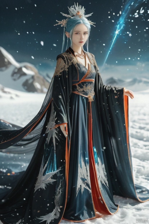 1girl, fantasy world, with, detailed magic robe, beautiful dress, best quality, full body, ice magic, blue hair, deep blue eyes, lora:more_details:1, OuterWorldAI