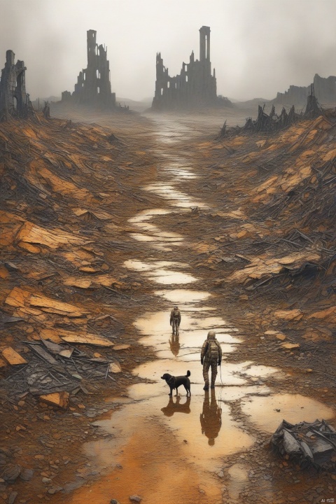 8k,RAW photo,best quality,masterpiece,ultra high res,ultra detailed,illustration,close up,astonaut,environment only,Post-apocalyptic wasteland,third person,a lonely male with a dog standing on a road amidst the ruins