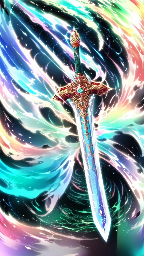 ancient mystical sword, highly detailed and intricate, gleaming blade, long blade more prism, no humans, more prism, vibrant color