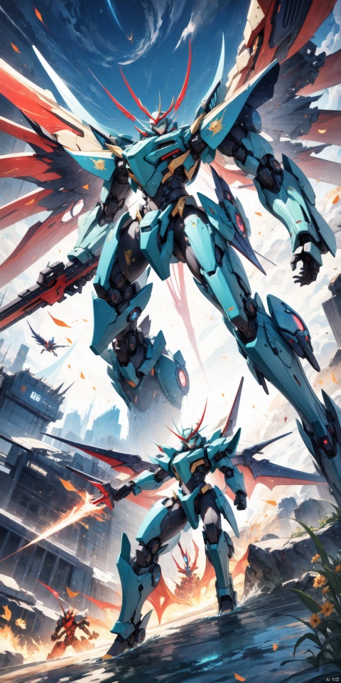 sky, flying, holding weapon,  glowing, armor, glowing eyes, mecha, realistic,mecha, large wings