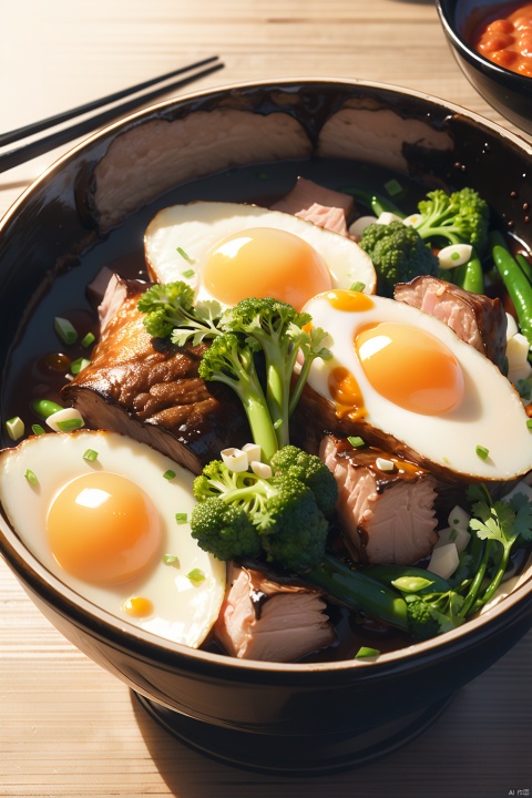 animation,animation,high quality,high resolution,rice bowl,fried egg,braised pork,diced radish,beans,rice,broccoli