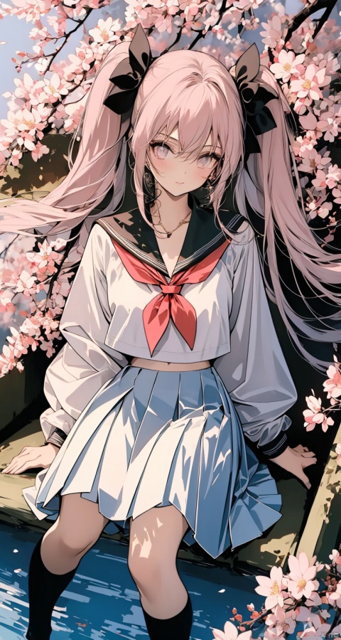  1girl, solo, long_hair, pink_hair, cherry_blossoms, skirt, very_long_hair, ripples, school_uniform, twintails, black_skirt, reflection, serafuku, from_above, neckerchief, shirt, pleated_skirt, pink_eyes, sailor_collar, long_sleeves, black_shirt, flower, black_serafuku, sitting, water, looking_up, bangs, looking_at_viewer, petals, closed_mouth, black_sailor_collar