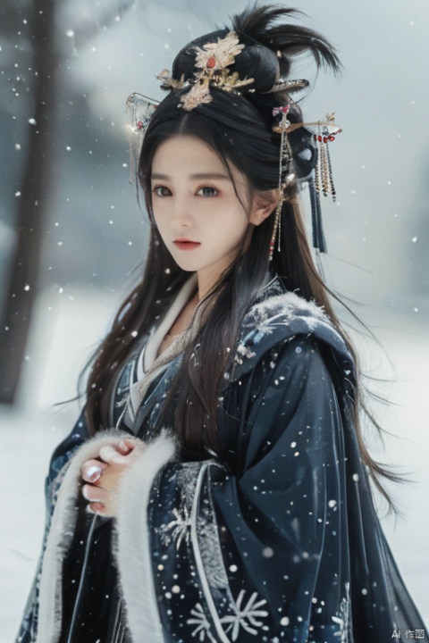  (masterpiece),(best quality),illustration,ultra detailed,hdr,Depth of field,(colorful),[pottsness],[iumu],[Sheya],transparent background, 1girl, solo, long hair, snowflakes, gloves, blue hair, hat, fur hat, black gloves, white headwear, dress, ushanka, long sleeves, ice, purple eyes, full body, coat, snow, cape, very long hair, floating hair, frills