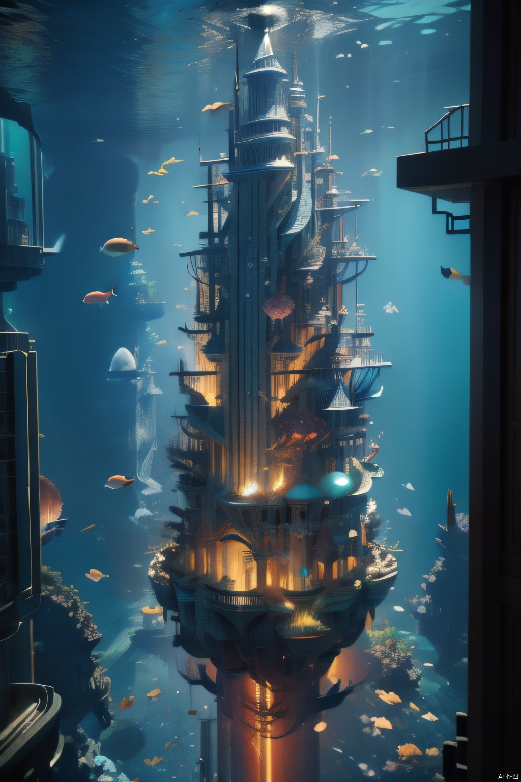 (under the sea:1.2),many fishes around the ocean,(cyberpunk),the city under the ocean,(masterpiece:1.2),magic ocean,scene,game,mysterious,hidden,fantastic,Atlantis,