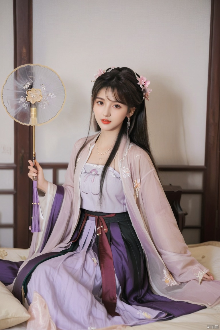  1girl, solo, long hair, black hair,Hairpins,necklace, hair ornament, long dress, full body, flower, earrings, indoors, hair bun, hanfu dress,(Tube top Hanfu long skirt:1.1),(Hand holding fan:1.2), pillow, bed, night, chinese clothes, table, branch,daxiushan, ,daxiushan style,(huge breasts:1.7), (full breasts), realistic,hanfu, daxiushan,Shoulders are exposed,daxiushan, arien_hanfu，1girl, solo, (masterpiece, best quality), simple background, white background, blush, upper body, looking at viewer, cowboy shot, medium breats, skirt, shirt, long sleeves, school uniform, jacket, white shirt, pantyhose, pleated skirt, green necktie, collared shirt, miniskirt, black pantyhose, buttons, blazer, pocket, purple skirt, brown pantyhose, nano eiai, long hair, bangs, hair between eyes, red eyes, grey hair