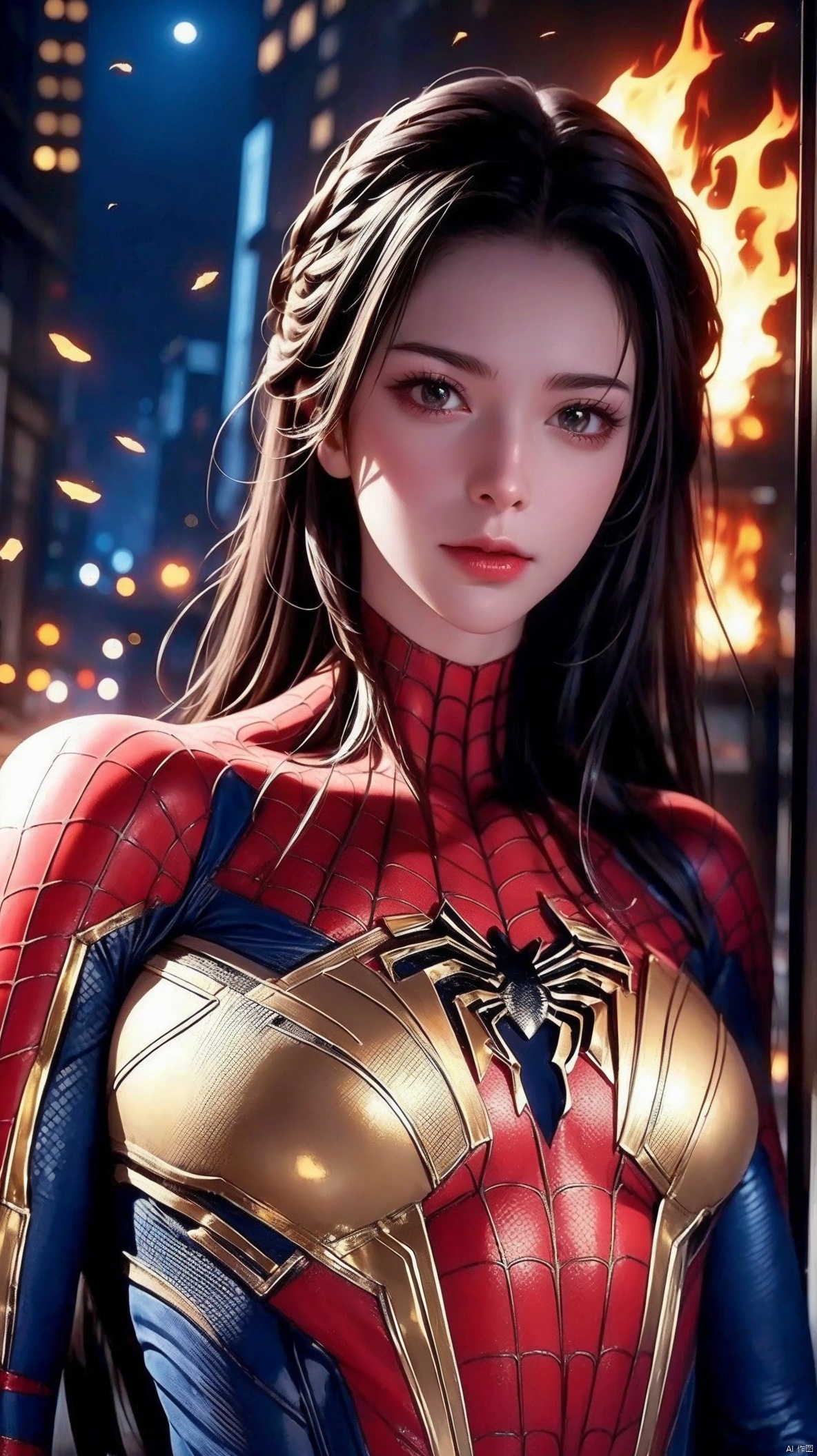 Spiderman,with gold armor,with fire web high quality and realism extremely detailed 4K