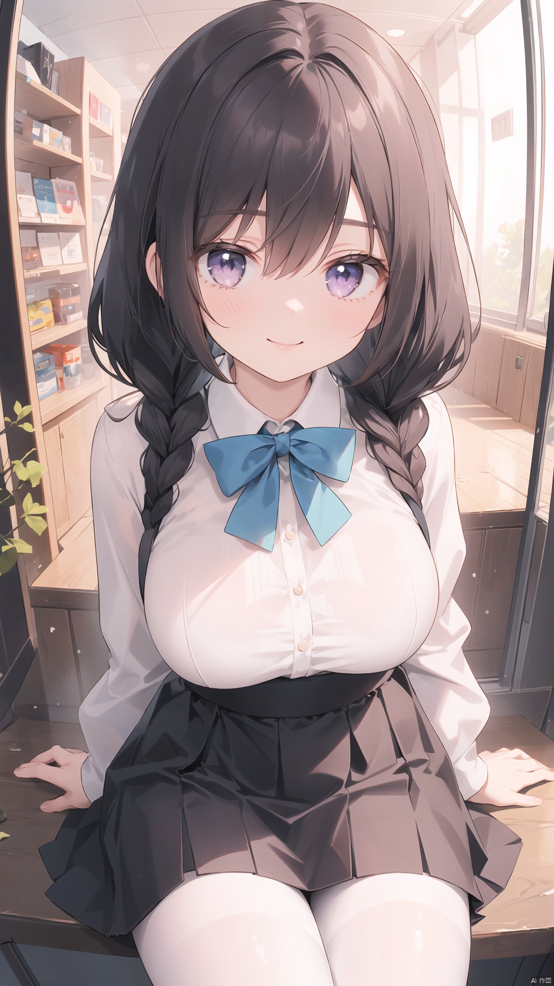  1girl, cute girl, brown hair, twin braids, green eyes, shiny body, shiny skin, large breasts,
BREAK
school uniform, white shirt, full-face blush,
BREAK， masterpiece,best quality,(colorful:1.4),from above,solo,1girl standing in a store with lots of stuffed animals on the shelves and a bag of stuff,black and blue hair color,purple eyes,smiling,depth of field,fisheye lens
(sitting, eating cookie on the mouth), table full of food, restaurant,
BREAK
face focus, from above, front view, looking at viewer,
BREAK
masterpiece, best quality, detailed beautiful face and eyes, absurdres, absolutely resolution, highres, extremely detailed,
BREAK
perfect anatomy, perfect arms, perfect hand, perfect finger, perfect legs
, white pantyhose