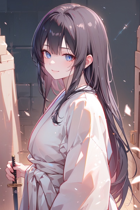 (1girl, black long hair, black eyes, serious smile, wearing white japanese clothes, black hakama), (carry a large japanese sword at her waist), (walking, outdoor, asian old castle), (((perfect anatomy, perfect quality, hyper detailed eyes, masterpiece, hyper ultra detailed, best quality, perfect great quality, 8k wallpaper, cinematic lighting, cinematic angle, dynamic angle))), AddXL, 