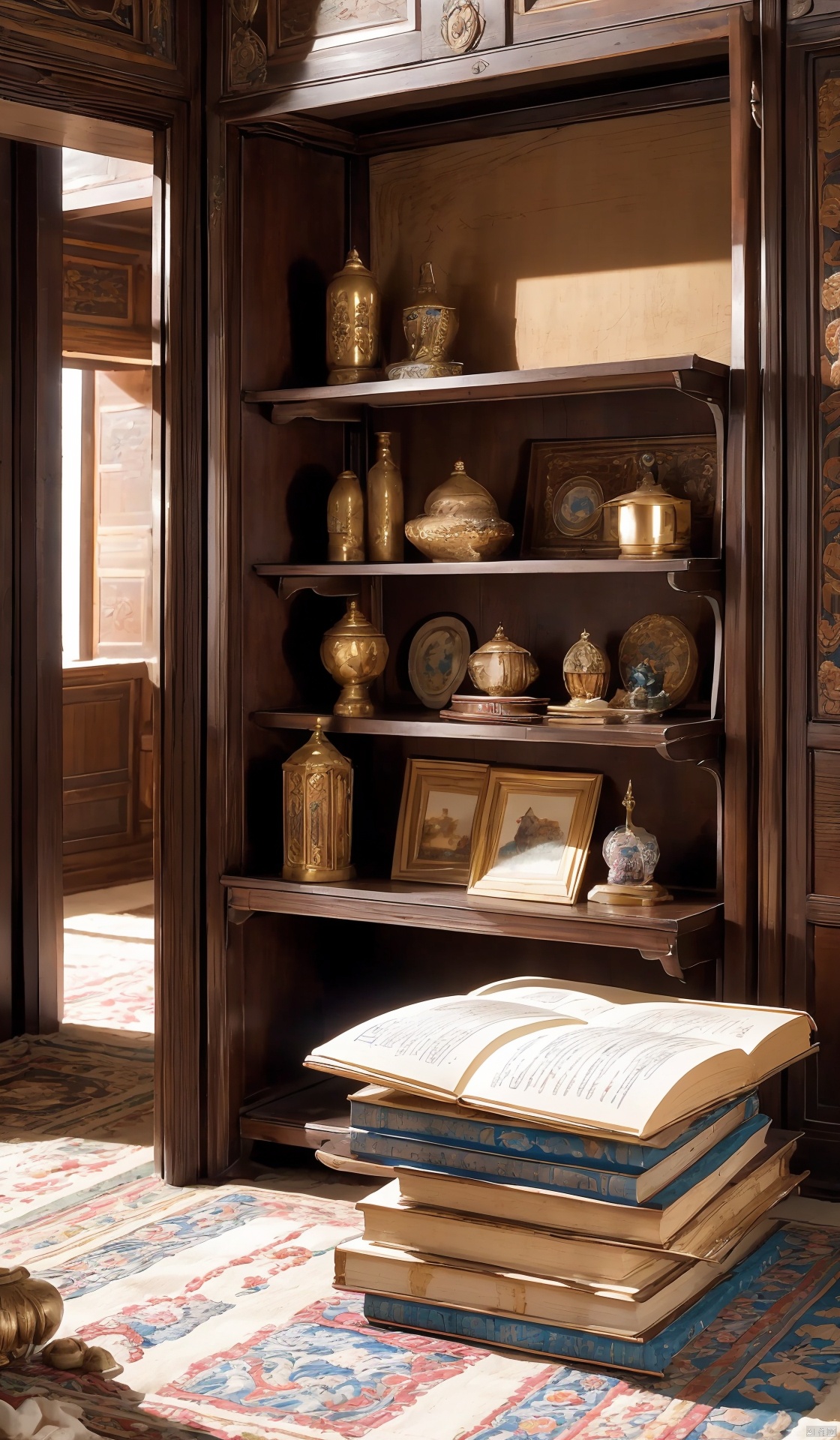 (((Reasonable scenery configuration))),high-quality carpet and various objects scattered on top,including ancient artifacts,stacked ornate books,and parchment scrolls. Despite the many items,the scene looks remarkably organized and tidy.