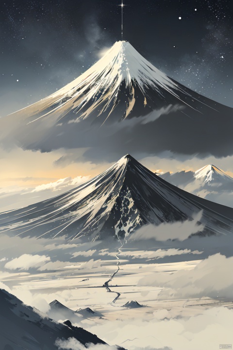 Gradient style illustration, illustration, starry sky, a Mt. Fuji, surrounded by lakes, birds, sunlight, flying snow