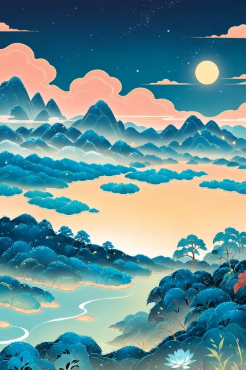  best quality,masterpiece,illustration,chinese style (best illumination, best shadow, an extremely delicate and beautiful), 1girl, traditional Chinese painting,inkwash painting,mountain,cloud,river,flower,tree,,pink sun, white and yellow, traditional chinese,clouds, green and blue tone,,curved white background, chinese style，A painting of a river with stars and moon in the sky,concept art inspired by Tosa Mitsuoki,pixiv contest winner,best quality,fantasy art,beautiful anime scene,a bright moon,moonlit starry environment,dream painting,Anime Background Art,Fantasy Landscape Art,Fantasy Night,Anime Background,Background Artwork,Fantastic Art,Atmospheric Anime,Starry Sky,Detail Enhanced.