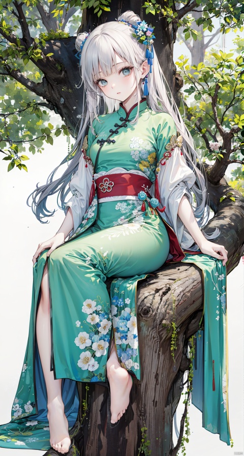 An ancient Chinese beauty lying on the tree trunk, wearing flowing tulle, light yarn, graceful figure, dressed in Chinese ancient clothes, lazy posture, wicker swaying, ink painting style, blank, freehand, blue green color, masterpiece, super detailed, epic composition, high quality, the highest quality, 4k