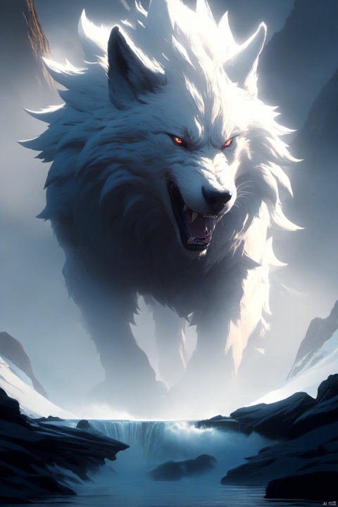  Lone Wolf, look and roar, mountain and water, epic shock scene, cinematic light and shadow contrast, visual art, super beautiful, mythology and legend style