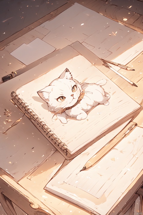 masterpiece, best quality, Kitten sketched on a notebook, pencil drawing, monochrome, no shadow, notebook on wooden desk