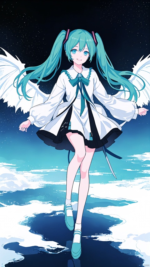 {best quality}, {very aesthetic}, {ultra-detailed}, {best illustration}, {anatomical model}, {realistic}, Fantastic, dramatic lighting, blurring the surroundings, 1girl, full body, {{Hatsune Miku}}, blue-green hair, face forward, smile, blue glowing eyes, arms outstretched, legs together, floating in the air, she has 6 wings, white transparent dress, lora:more_details:1