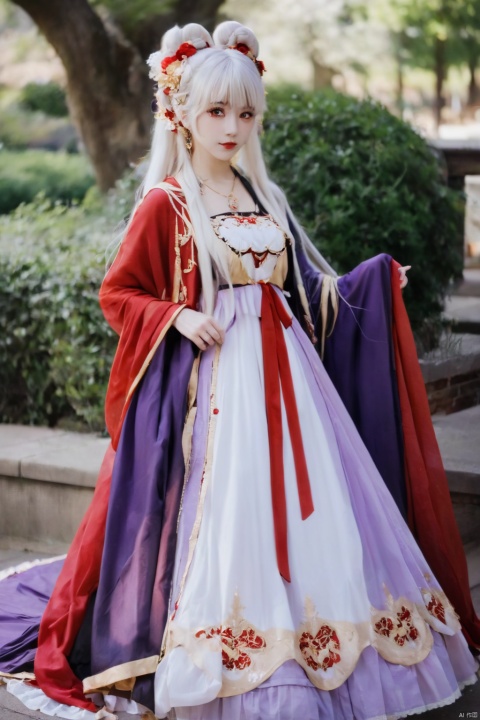 purple red and gold trim, fantasy, lolita dress, petticoat, twin tails, white hair, gold hair ribbon, red eyes, thick hair, super long hair, full body, floor length hair