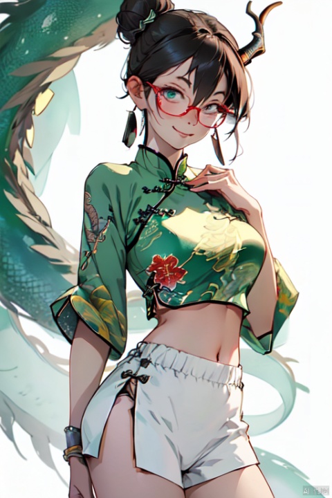  dragon girl,solo
,(smug,smirk,dragon_horns:1.2)
,gigantic_boobs
,hair_buns,
,hair_between_eyes,
,sidelocks
,hoop_earrings
,big_black_glasses
,crop top
,navel
,micro_shorts
, chinese clothes, china dress
,(one_hand_on_own_chest
,one_hand_on_own_hip)
,simple_background
,looking_at_viewer
, shuimobysim，clean background,1 girl,28 years old,katana,wimd,maple leaf,blue and green ink,close shot,from front