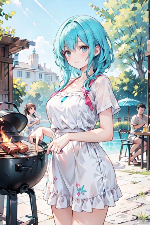 A young girl in a colorful dress cooking a barbecue in a backyard gathering, surrounded by friends and family, perfect summer day, sunny, warm, bright colors, detailed environment, vibrant colors, realistic looking, trending on artstation.