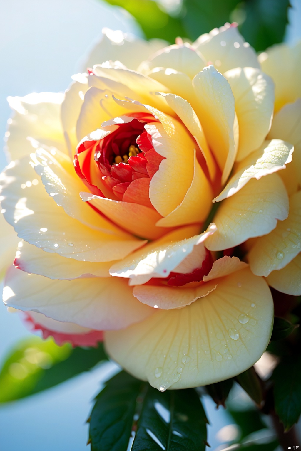  Naturalistic painting, light tracing, vibrant colors, (water mist, morning, dew, red camellia, yellow flower, volume light, Dynamic Angle of View :1.4), charming visual effects, 100mm f/2.8 macro lens, close-up, award-winning photos, red camellia made up of zavy-light, Artnthrmg, Showing the clear texture and layering of the petals, the overall has an elegant and unique aesthetic,