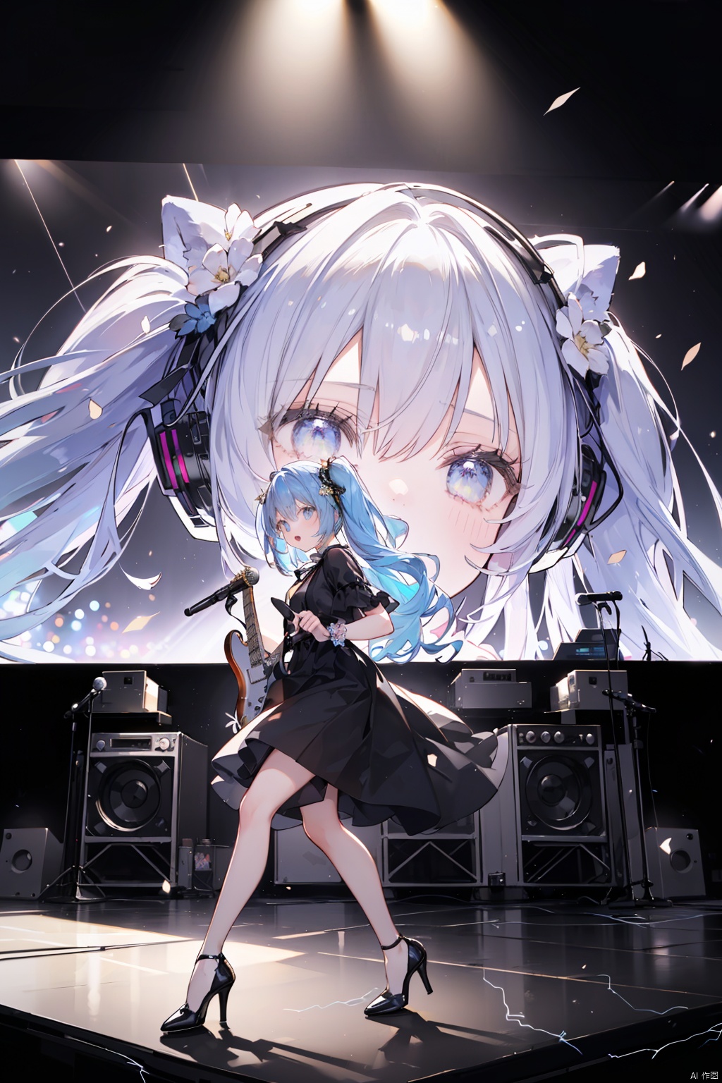 ps \(medium \), 1 girl, high quality, best quality, Hatsune Miku, blue hair, small breasts, long hair, (prominent pupil :1.2), (long black dress 1.8, flower, gilt decoration, high heels, floral headdress), (Singing, microphone, holding microphone in both hands, sad mood), (stage, large outdoor stage, dim, Spotlight, breeze, fluttering hair), (whole body 1.8), night, stretch legs, (face :2.0), (side face 1.8), pose, (playing electricity guitar:1.4), (Passers-by, spectators, blur:1.3)