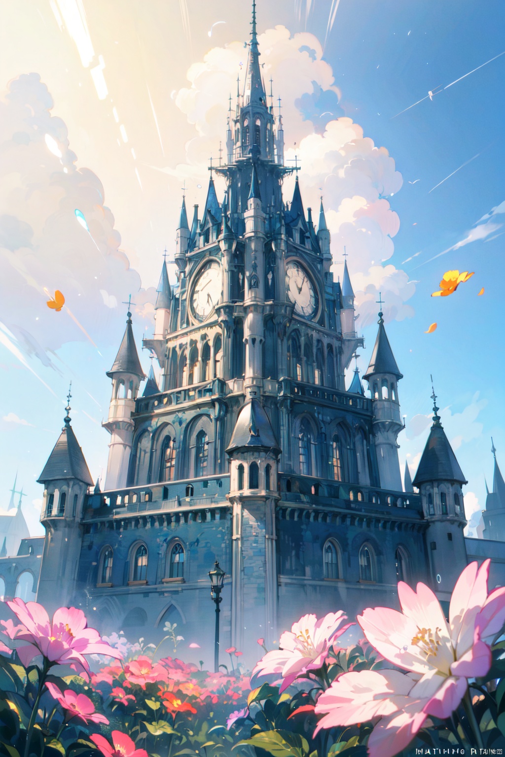 Color (Fantasy), (Hayao Miyazaki style), sky city, (irregular building floating in the air), patchwork houses, flower decorations, lights, concept art inspired by Andreas Rocha, Artstation contest winner, fantasy art, ross tran, light shafts, realistic lighting, masterpiece, high quality, beautiful graphics, high detail, masterpiece, high quality, beautiful graphics, high detail