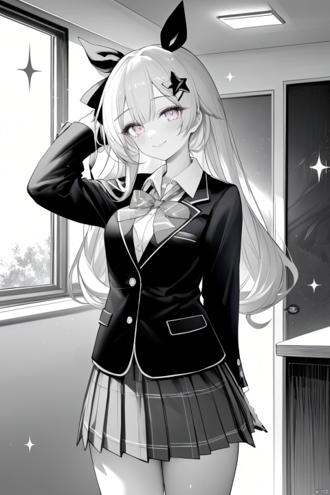1girl, blazer, blue_ribbon, character_name, closed_mouth, collared_shirt, cosmetics, cowboy_shot, crossed_arms, greyscale, hair_ornament, hairclip, head_tilt, highres, holding, holding_lipstick_tube, honkai_star_rail, honkai_(series), jacket, lipstick_tube, long_hair, looking_at_viewer, monochrome, nail_polish, neck_ribbon, o0oherb, open_clothes, open_jacket, pink_eyes, pleated_skirt, red_nails, ribbon, school_uniform, shirt, skirt, smile, solo, sparkle_(honkai_star_rail), spot_color, straight_hair, autoappealing, autoappealingdb, best quality, masterpiece, nai3