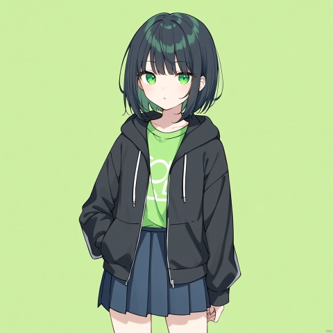 1 girl, black hair, cool, bright green eyes, dark green T-shirt, dark blue mini pleated skirt, black hoodie jacket, bob hair