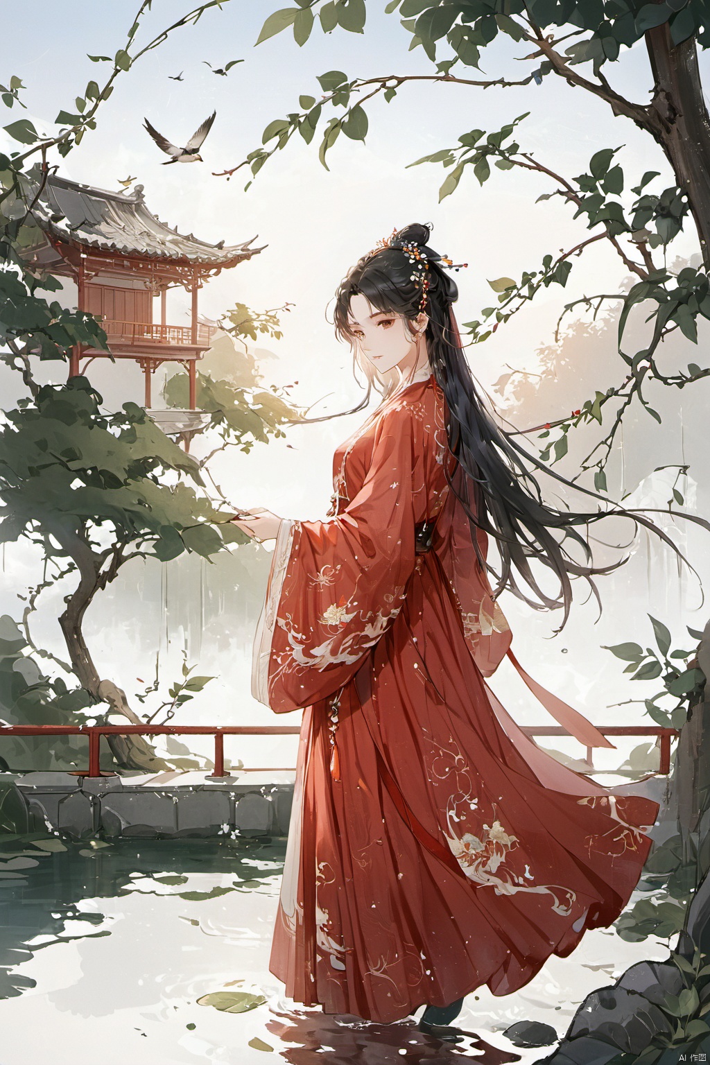  1girl, solo, long hair, black hair, hair ornament, long sleeves, dress, holding, closed mouth, standing, full body, outdoors, water, hair bun, from side, tree, bird, leaf, chinese clothes, red dress, single hair bun, building, railing, branch, architecture, east asian architecture, hanfu