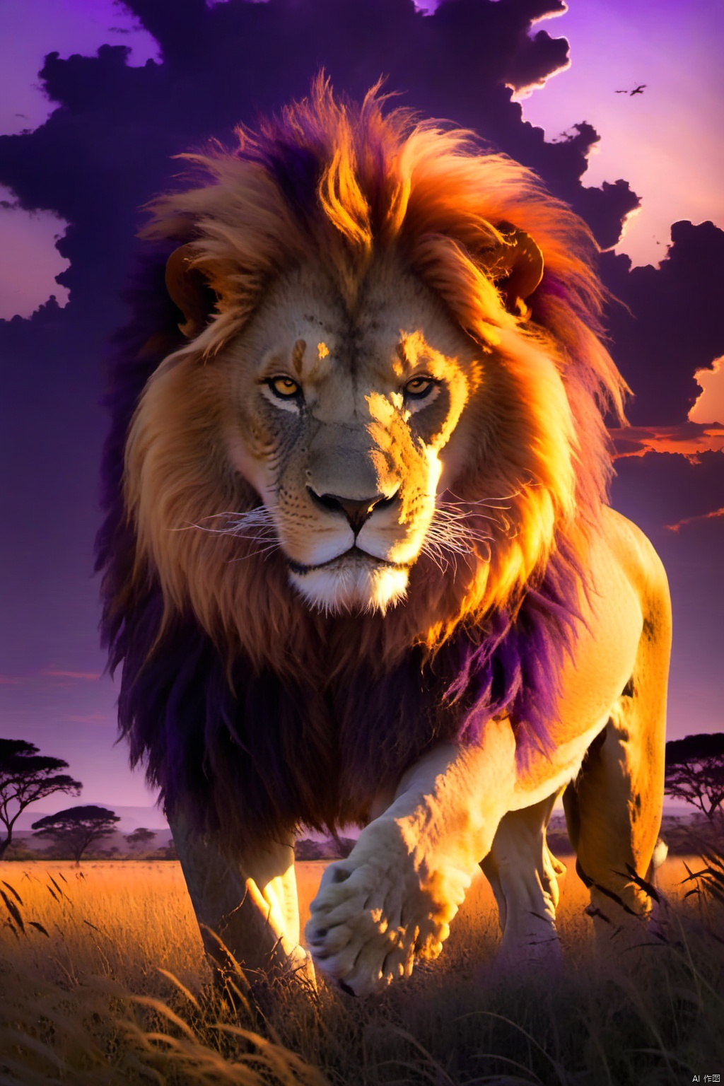  A majestic and regal lion,its golden mane flowing in the wind as it prowls through the tall grass of the savannah,In the distance,the setting sun paints the sky in shades of fiery orange and deep purple,casting a warm and welcoming glow across the African landscape