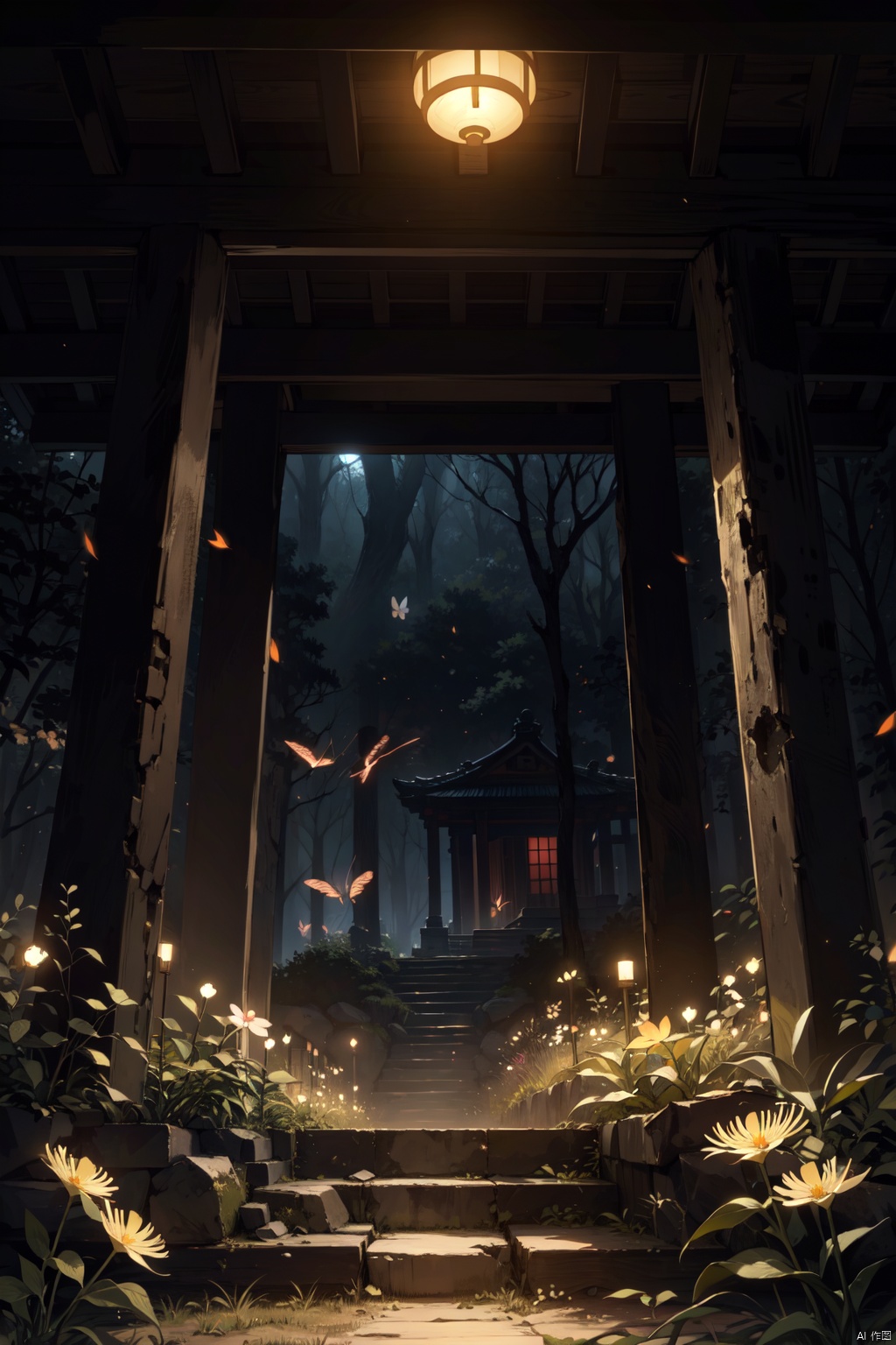 Masterpiece, best quality, 8K, high res, ultra-detailed, no humans, beautiful view, ultra -detailed, fine detailed, highly detailed, intricate, highly detailed, ultra-detailed, scenery, misty atmosphere, solitary, intricate details, delicate features, deep forest, wisps of light, pristine, japanese temple, mysticism, night, red lanterns burning, fireflies, fiery butterflies, gloomy atmosphere, temple in the forest, mossy stairway in the temple, mysterious forest, dilapidated temple, sanctuary, will-o'-the-wisps, dilapidated temple, field of spider lily flowers, wild nature oil painting