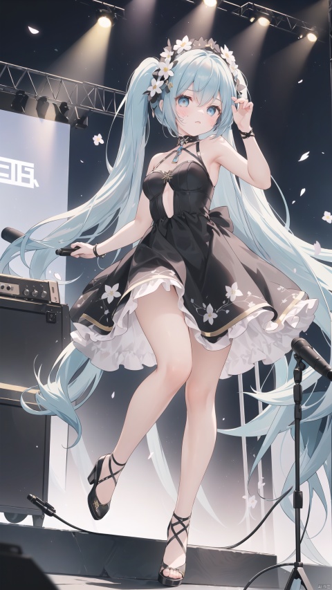 ps \(medium \), 1 girl, high quality, best quality, Hatsune Miku, blue hair, small breasts, long hair, (prominent pupil :1.2), (long black dress 1.8, flower, gilt decoration, high heels, floral headdress), (Singing, microphone, holding microphone in both hands, sad mood), (stage, large outdoor stage, dim, Spotlight, breeze, fluttering hair), (whole body 1.8), night, stretch legs, (face :2.0), (side face 1.8), pose, (playing electricity guitar:1.4), (Passers-by, spectators, blur:1.3)