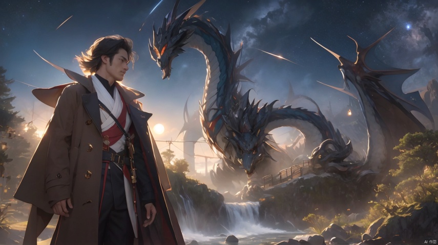  (Masterpiece, ultra detailed, hyper quality, best result) man wearing old time journey coat, standing in front of rocky woods on flying islands at sunset, waterfall on the foreground, leafs falling ,High detailed, dragon，starry sky, night, distant theme park, more_details:-1, more_details:0, more_details:0.5, more_details:1, more_details:1.5