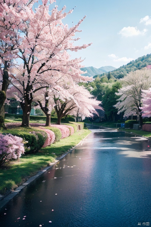 original,(illustration:1.1),(best quality),(masterpiece:1.1),(extremely detailed CG unity 8k wallpaper),(colorful:1.2),sakura tree,sakura petals,landscape,river,road