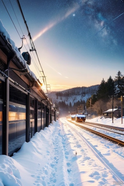 There is a train running along the tracks in the snow,Makoto Shinka's concept art,tumblr,magic realism,beautiful anime scenes,cosmic sky,((makoto shinkai)),anime background art, anime backgrounds,galaxy express, no humans