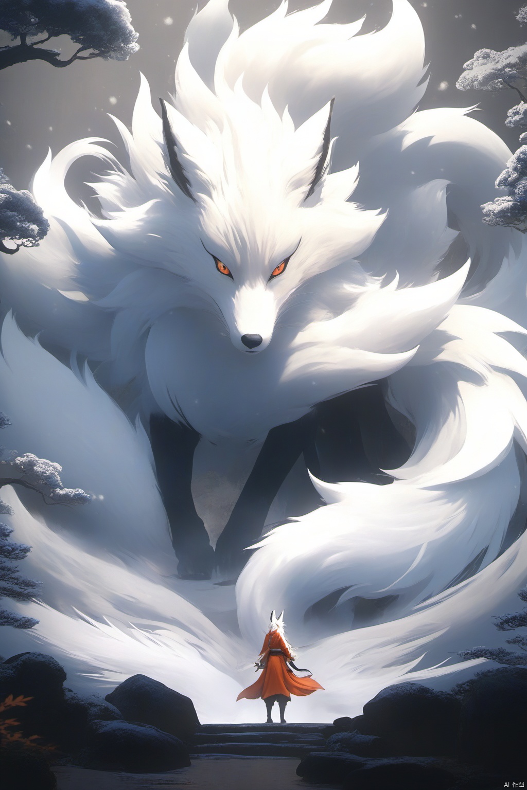  shanhaijing,a Nine-tailed fox,(9 tails:1.3),White fur,In the strange woods, the branches twist strangely,full body,3/4 profile image,wide-angle lens,panoramic view