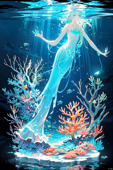 marine theme with natural elements. Tall mangroves, rich marine plants, glowing jellyfish, surrounded by schools of fish, glowing particle effects,, (marine plants), (ocean theme), ((luminous algae)), (coral), ((glowing jellyfish )), ((Glow Creatures in Seawater)), ((Sea Fire)), (((Particle Effect))), Isometric 3D, Octane Rendering, Ray Tracing, Super Detailed