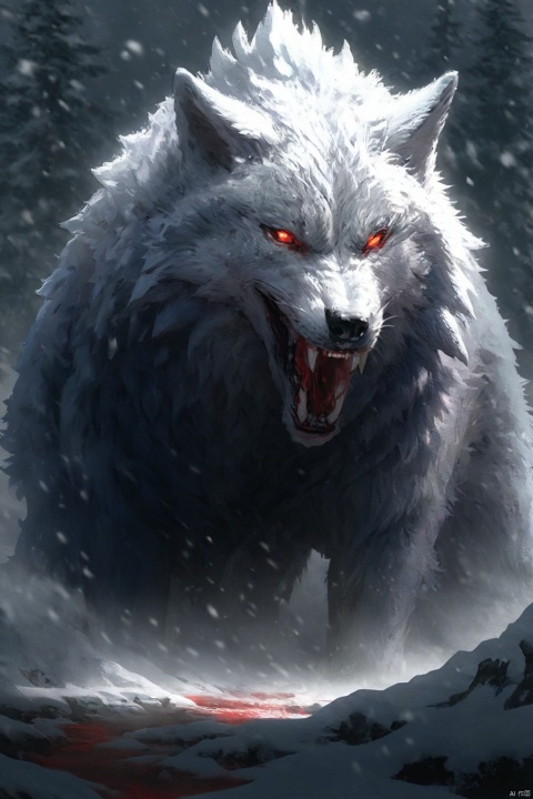 looking at viewer, blood from mouth, snow, beautiful, winter, snow storm, (Wolf), Red Eyes, Showing teeth