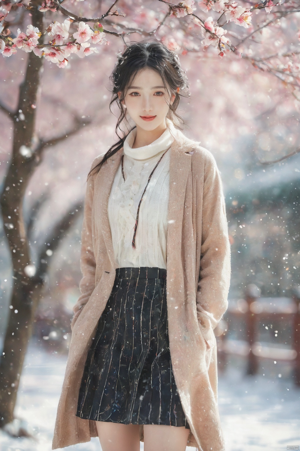  1 girl,Transparent skirt,pink face,stockings,(snow:1.2),(snowing:1.2),peach blossom,snow,solo,scarf,black hair,smile,long hair,bokeh,realistic,long coat,blurry, captivating gaze, embellished clothing, natural light, shallow depth of field, romantic setting, dreamy pastel color palette, whimsical details, captured on film,. (Original Photo, Best Quality), (Realistic, Photorealistic: 1.3), Clean, Masterpiece, Fine Detail, Masterpiece, Ultra Detailed, High Resolution, (Best Illustration), (Best Shadows), Complex, Bright light, modern clothing, (pastoral: 1.3), smiling,standing,(very very short skirt:1.5),knee socks,(white shoes: 1.4),long legs, forest, grassland,(view: 1.3), 21yo girl, striped, wangyushan, capricornus, 1girl, light master