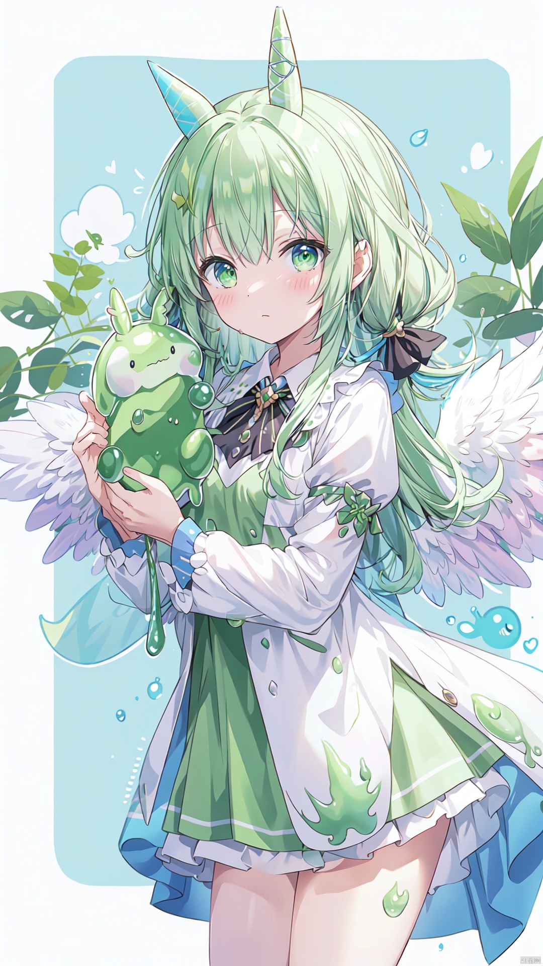 1 bunny, solo, unicorn horn, majestic, rainforest background, green eyes, long body, fluffy, tiny wings, more_details:-1, more_details:0, more_details:0.5, more_details:1, more_details:1.5, slime, more_details:-1, more_details:0, more_details:0.5, more_details:1, more_details:1.5, slime