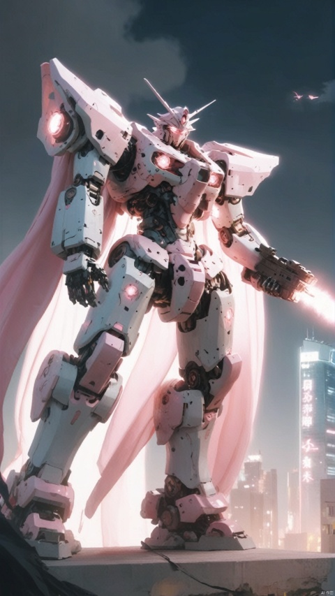 sky,cloud,holding weapon,no humans,glowing,robot,building,glowing eyes,mecha,science fiction,city,realistic,light pink mecha