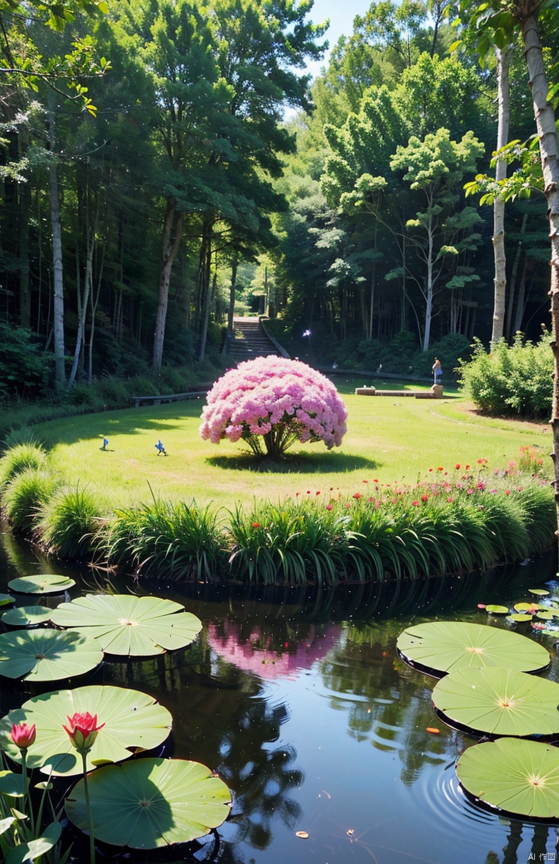 Small anthill made out of flowers and grass on a lilypad on a pond in a mythical Forest with fairys and butterflies around it fireflies