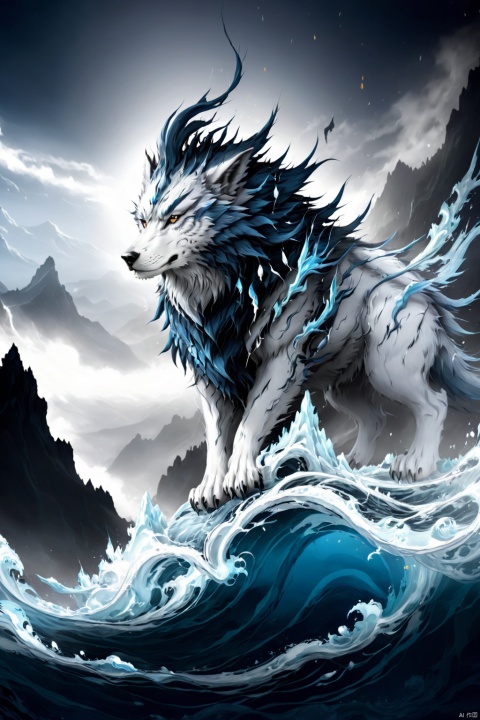  Lone Wolf, look and roar, mountain and water, epic shock scene, cinematic light and shadow contrast, visual art, super beautiful, mythology and legend style