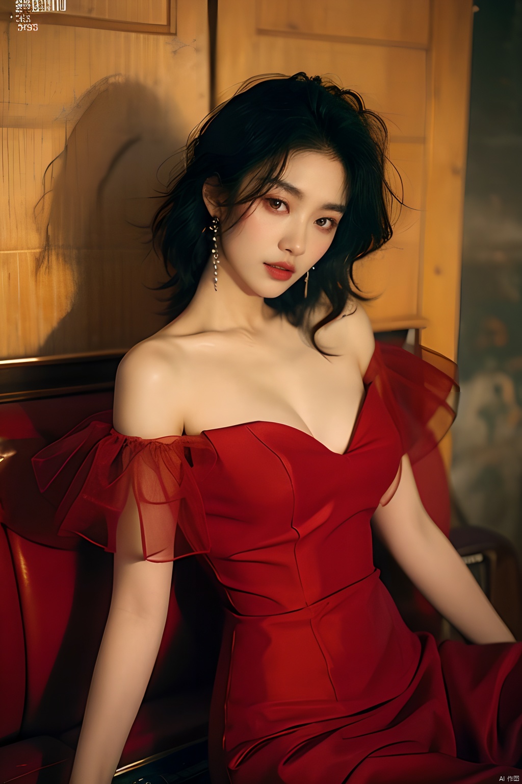  sdmai, hongchen, 1girl, solo, dress, red dress, black hair, realistic, breasts, jewelry, earrings, looking at viewer, bare shoulders