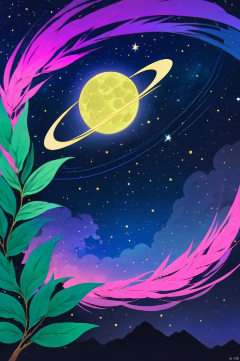  Osmanthusfragrans,laurel,moon,galaxy,highres,nobody,album cover,synthwave,dreamlike, starry sky, Vector illustration,Illustrative style