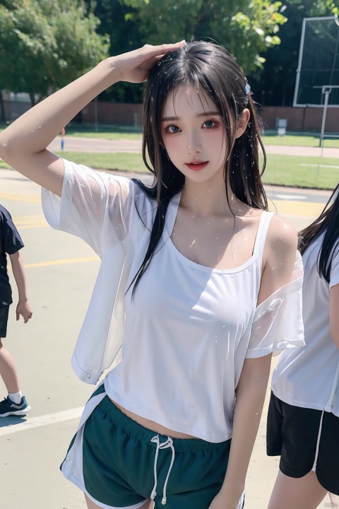 （（（（brassiere showing through wet sports white t shirt that is wet from sweat, school sports shorts, jogging around schoolyard, a face distorted by tired, sweat, black medium hair, messy hair, cute））））（masterpiece, high quality, best quality, 8k, more details)